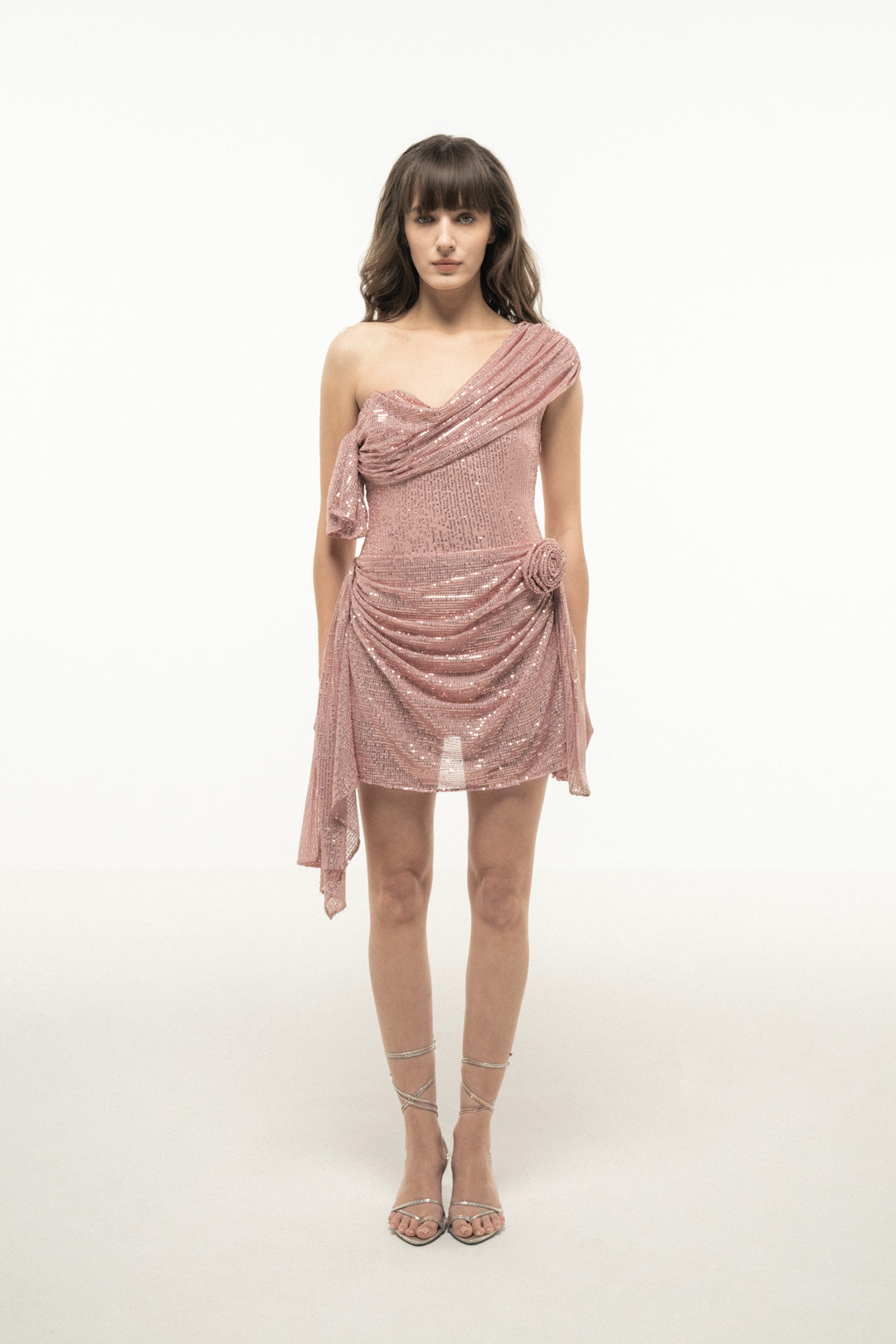 ROSE GOLD ONE-SHOULDER SEQUIN MINI DRESS