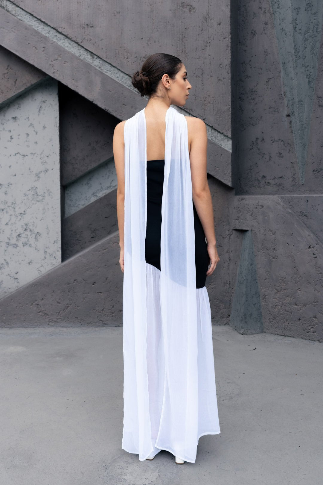 ASYMMETRICAL BUSTIER DRESS WITH NECK DRAPE - Sotbella