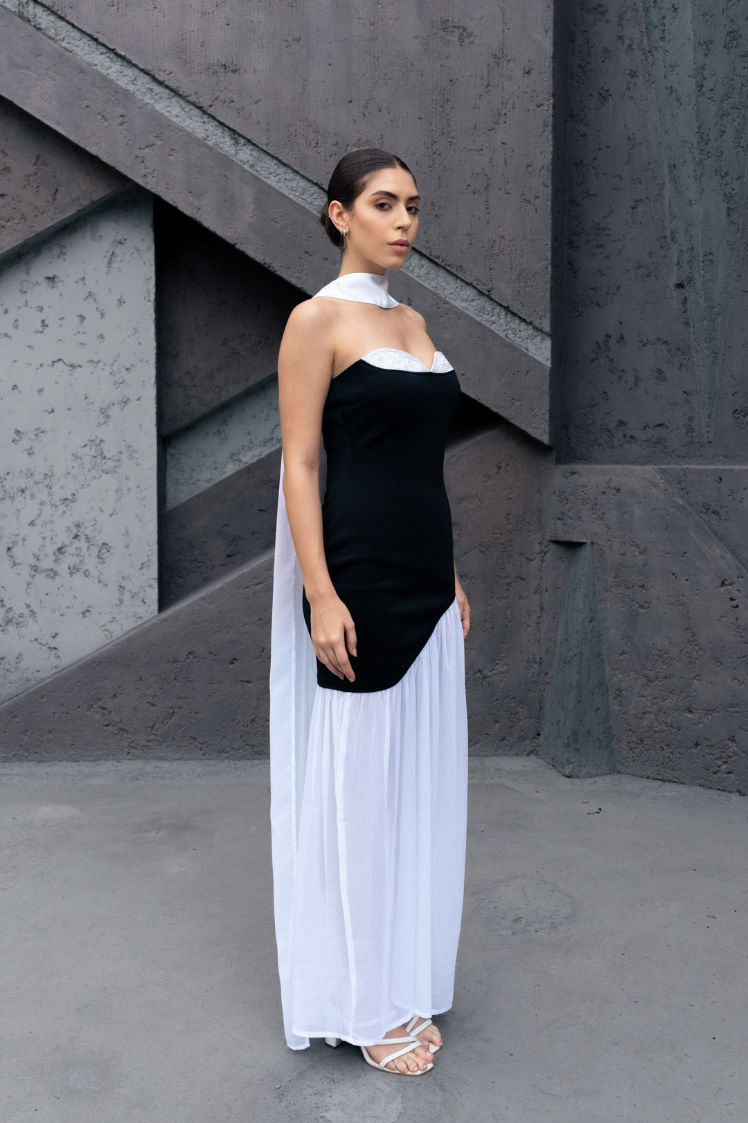 ASYMMETRICAL BUSTIER DRESS WITH NECK DRAPE - Sotbella