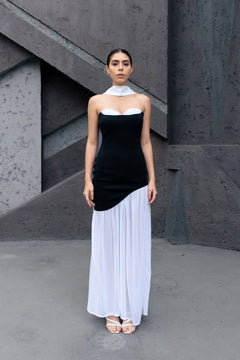 ASYMMETRICAL BUSTIER DRESS WITH NECK DRAPE - Sotbella