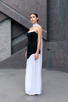 ASYMMETRICAL BUSTIER DRESS WITH NECK DRAPE - Sotbella