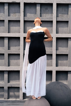 ASYMMETRICAL BUSTIER DRESS WITH NECK DRAPE - Sotbella