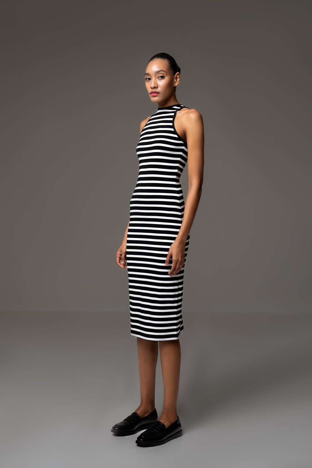 BLACK AND WHITE STRIPE MIDI DRESS - Sotbella