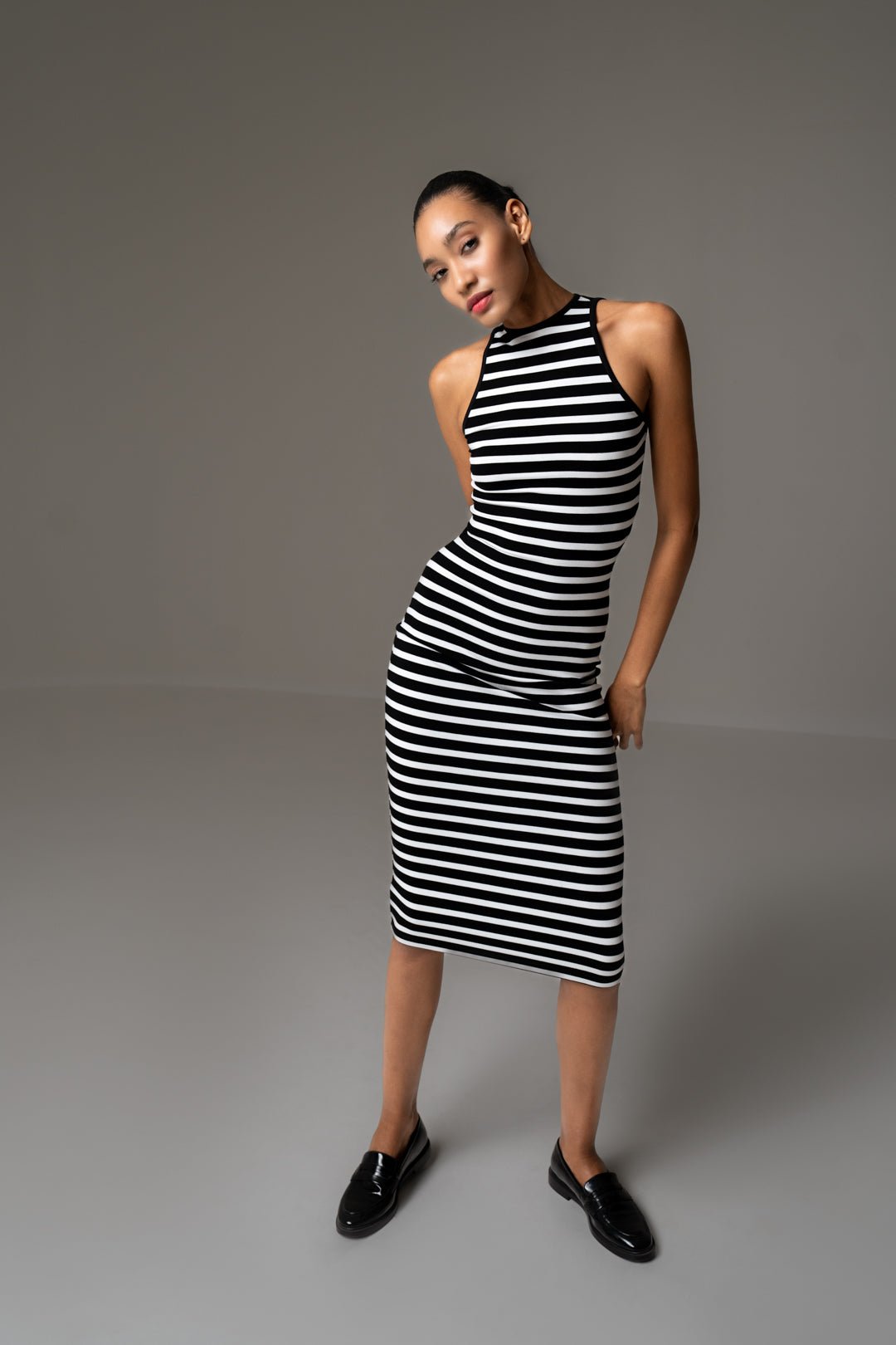 BLACK AND WHITE STRIPE MIDI DRESS - Sotbella