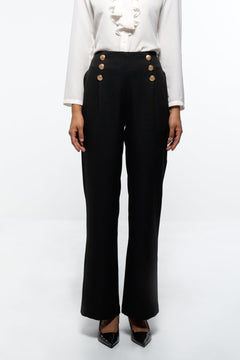 BLACK FORMAL WIDE LEG TROUSER WITH BUTTON DETAIL - Sotbella