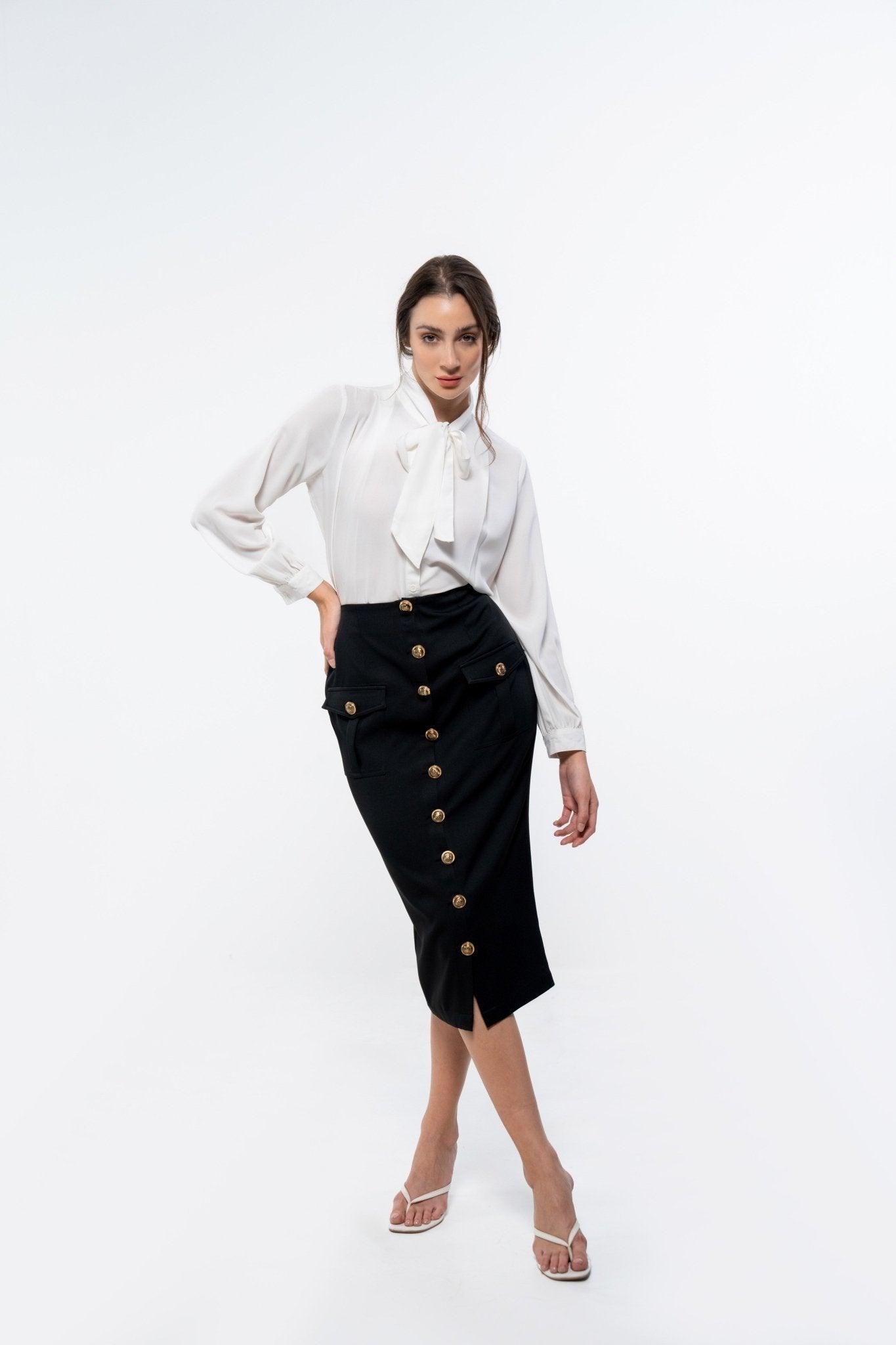 BLACK KNEE LENGTH PENCIL SKIRT WITH POCKETS