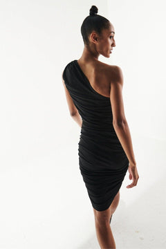 Black Ruched One Shoulder Dress - Sotbella