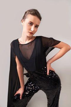 BLACK SEQUIN CAPE JUMPSUIT - Sotbella