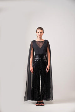 BLACK SEQUIN CAPE JUMPSUIT - Sotbella