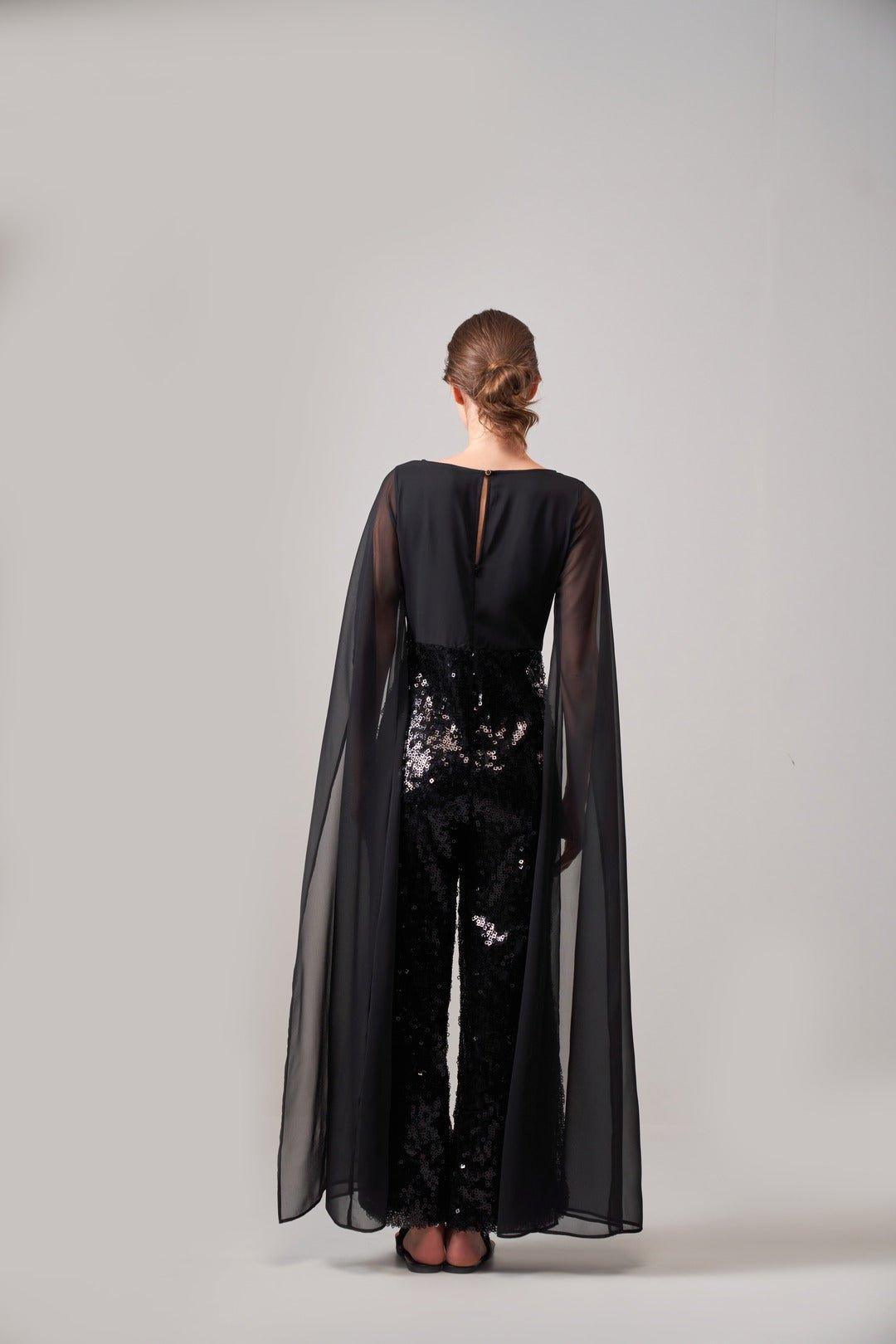 BLACK SEQUIN CAPE JUMPSUIT - Sotbella