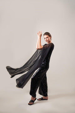 BLACK SEQUIN CAPE JUMPSUIT - Sotbella