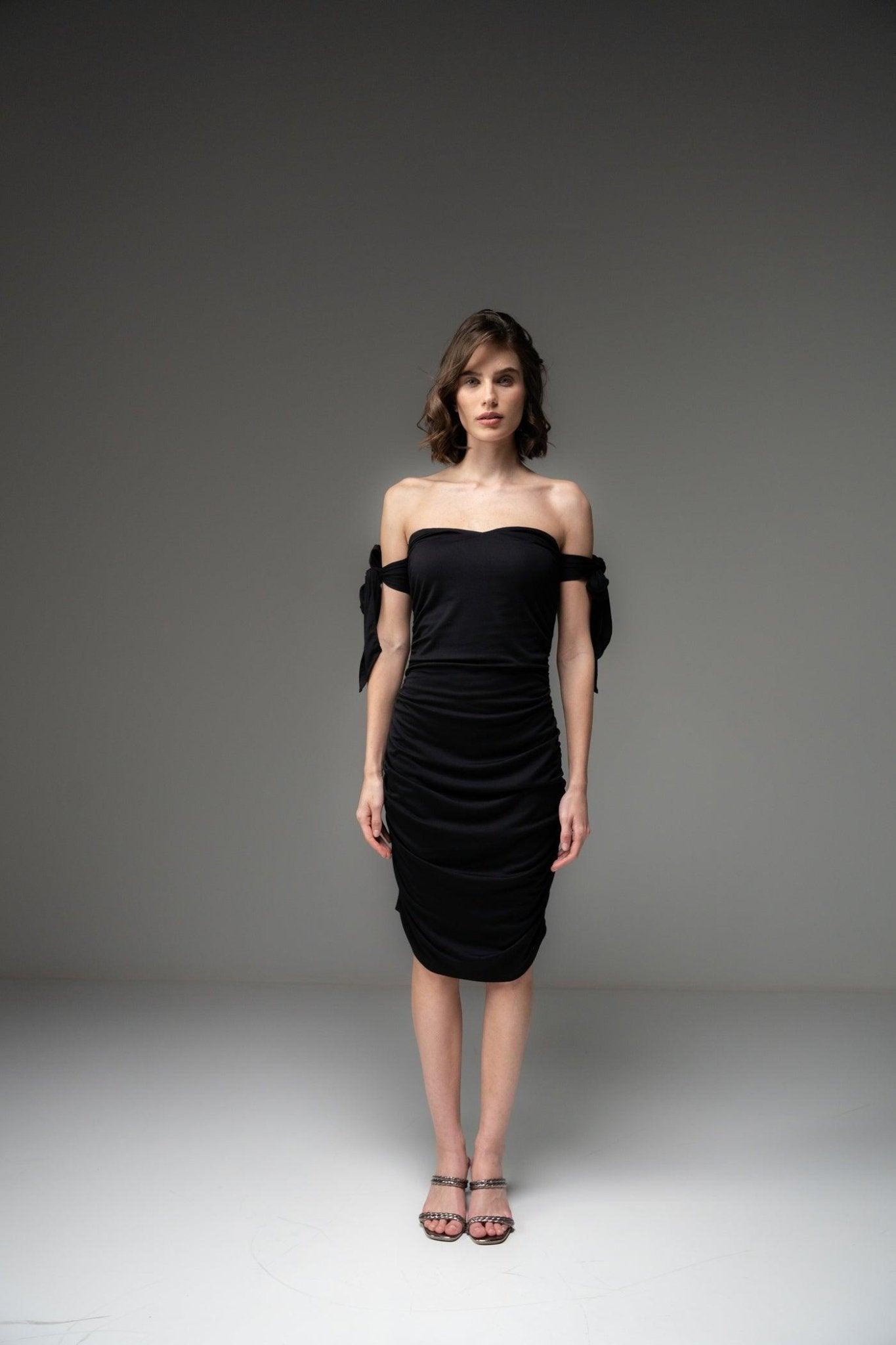 BLACK TIE-SLEEVE RUCHED DRESS - Sotbella