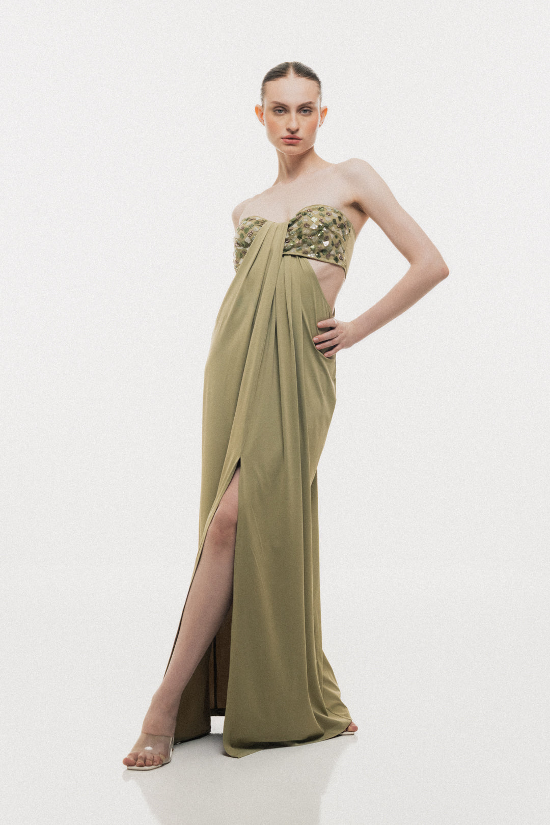 SAGE GREEN STRAPLESS EMBELLISHED MAXI DRESS