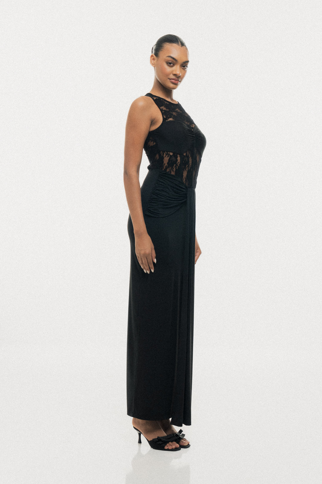 LACE ILLUSION DRAPE MAXI DRESS