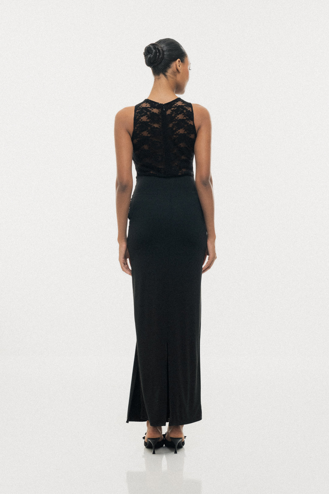 LACE ILLUSION DRAPE MAXI DRESS