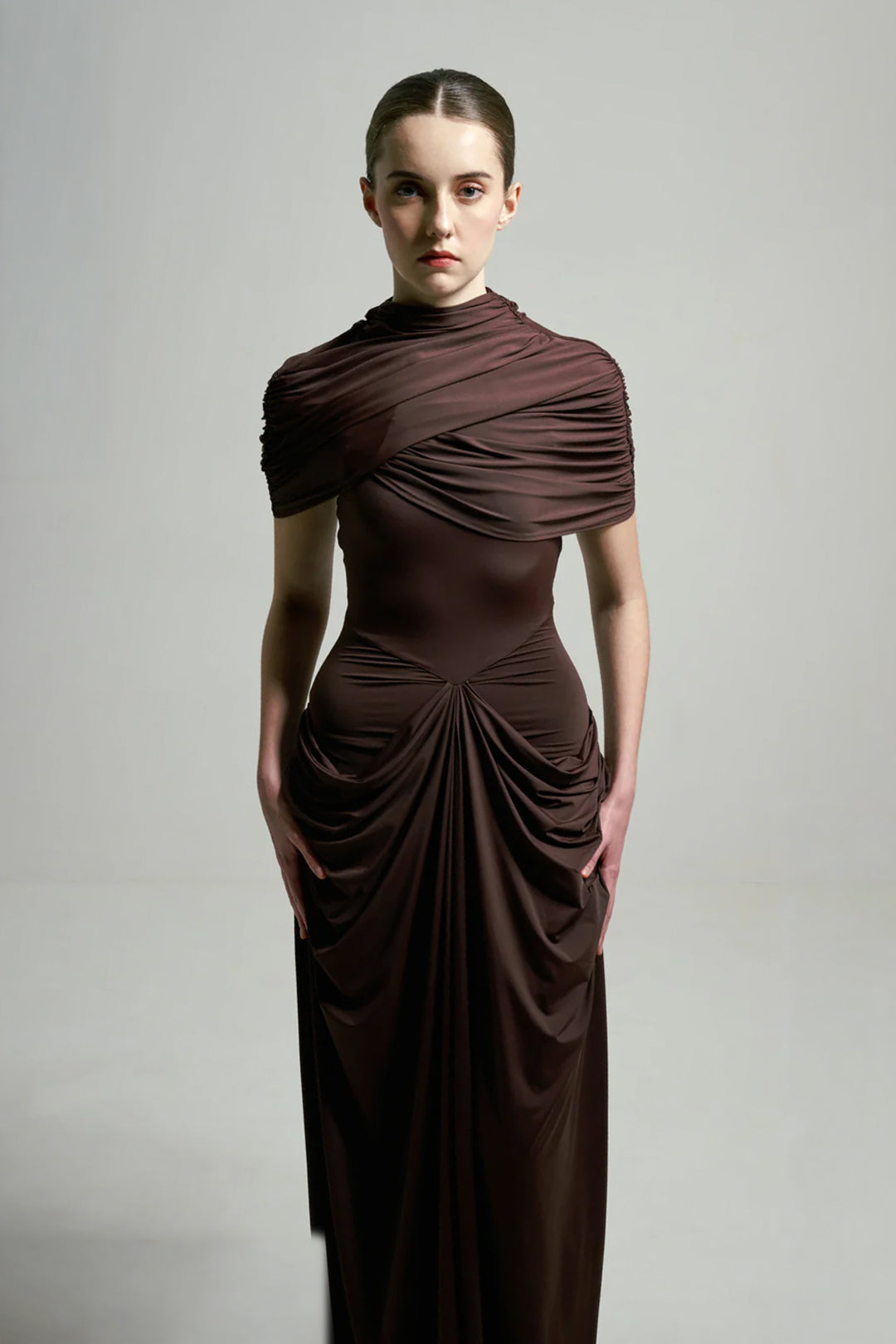 BROWN DRAPED GOWN WITH DETACHABLE CAPE