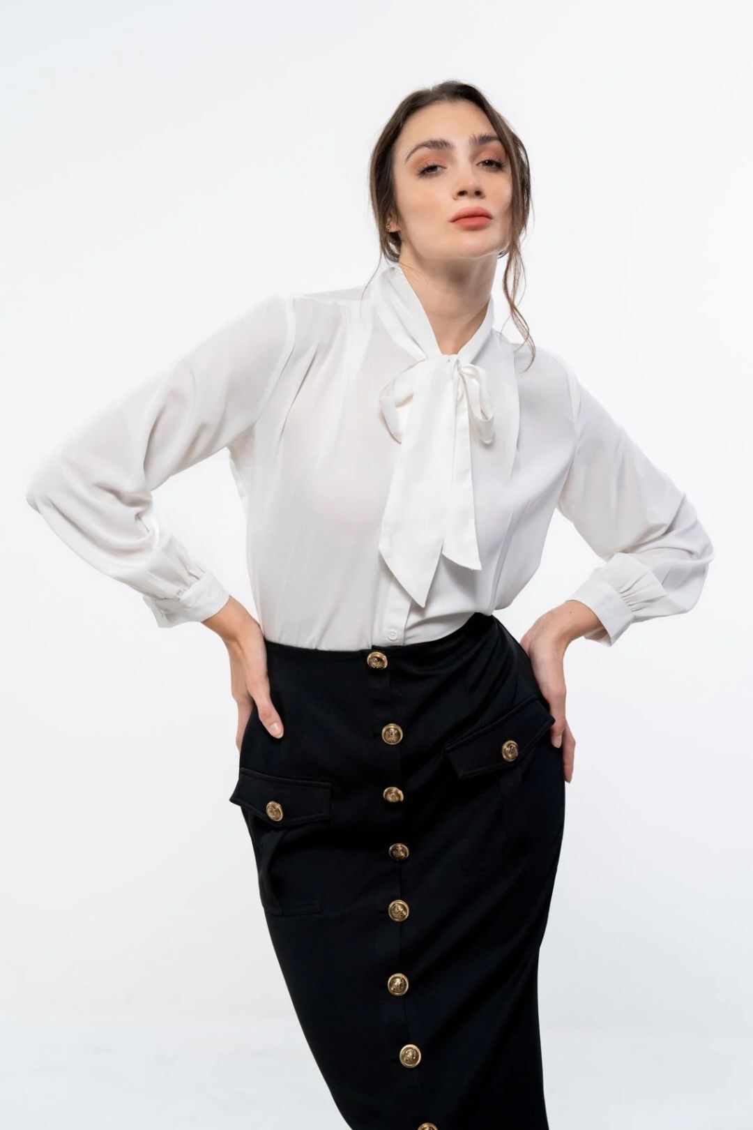 Classic White Tie Neck Shirt and Black Pencil Skirt Co - Ord Ensemble - Sotbella