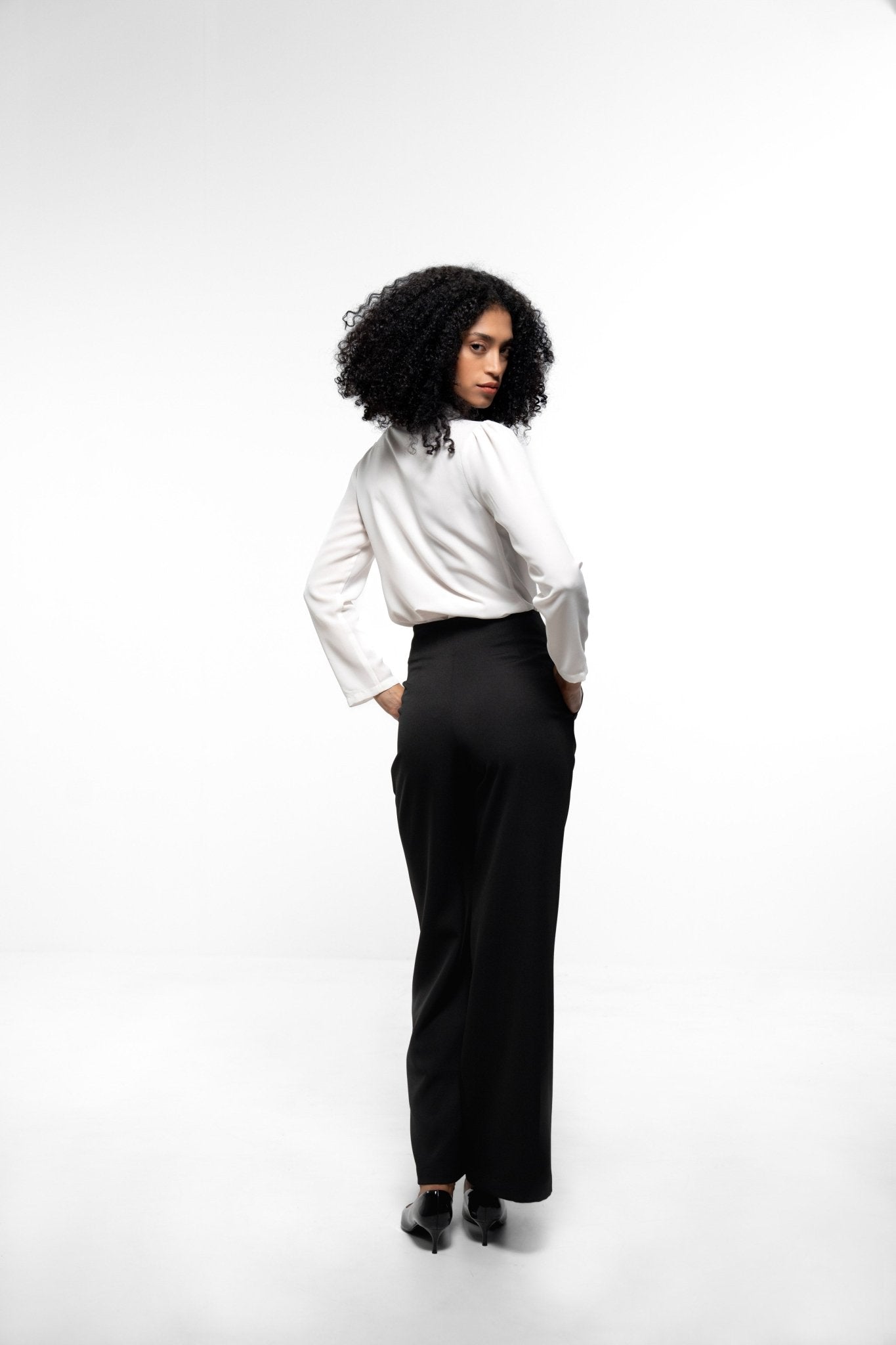 Elegant White & Black Co - Ord Set with Ruffle Neck Shirt and Wide Leg Trousers - Sotbella