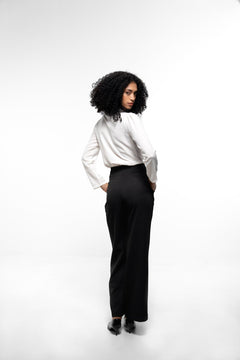 Elegant White & Black Co - Ord Set with Ruffle Neck Shirt and Wide Leg Trousers - Sotbella