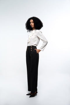 Elegant White & Black Co - Ord Set with Ruffle Neck Shirt and Wide Leg Trousers - Sotbella