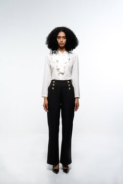 Elegant White & Black Co - Ord Set with Ruffle Neck Shirt and Wide Leg Trousers - Sotbella