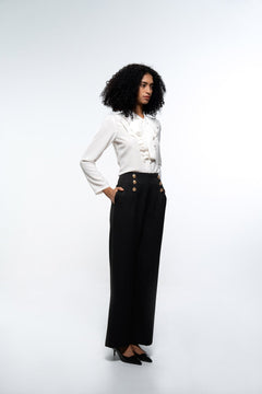 Elegant White & Black Co - Ord Set with Ruffle Neck Shirt and Wide Leg Trousers - Sotbella