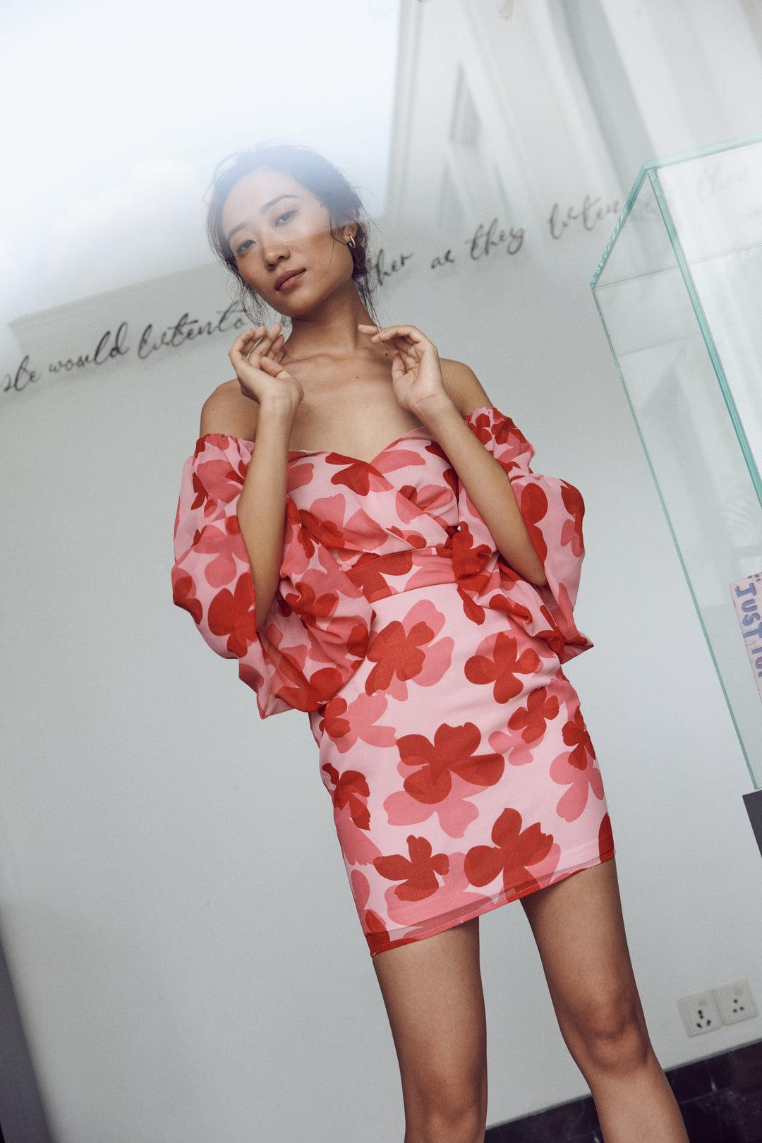 Floral Print Mini Dress With Detachable Sleeves - Sotbella