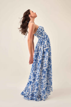 INDIGO FLORAL HALTER NECK MAXI DRESS - Sotbella