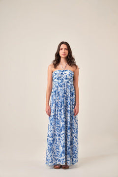 INDIGO FLORAL HALTER NECK MAXI DRESS - Sotbella