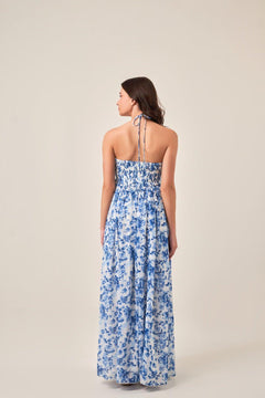 INDIGO FLORAL HALTER NECK MAXI DRESS - Sotbella