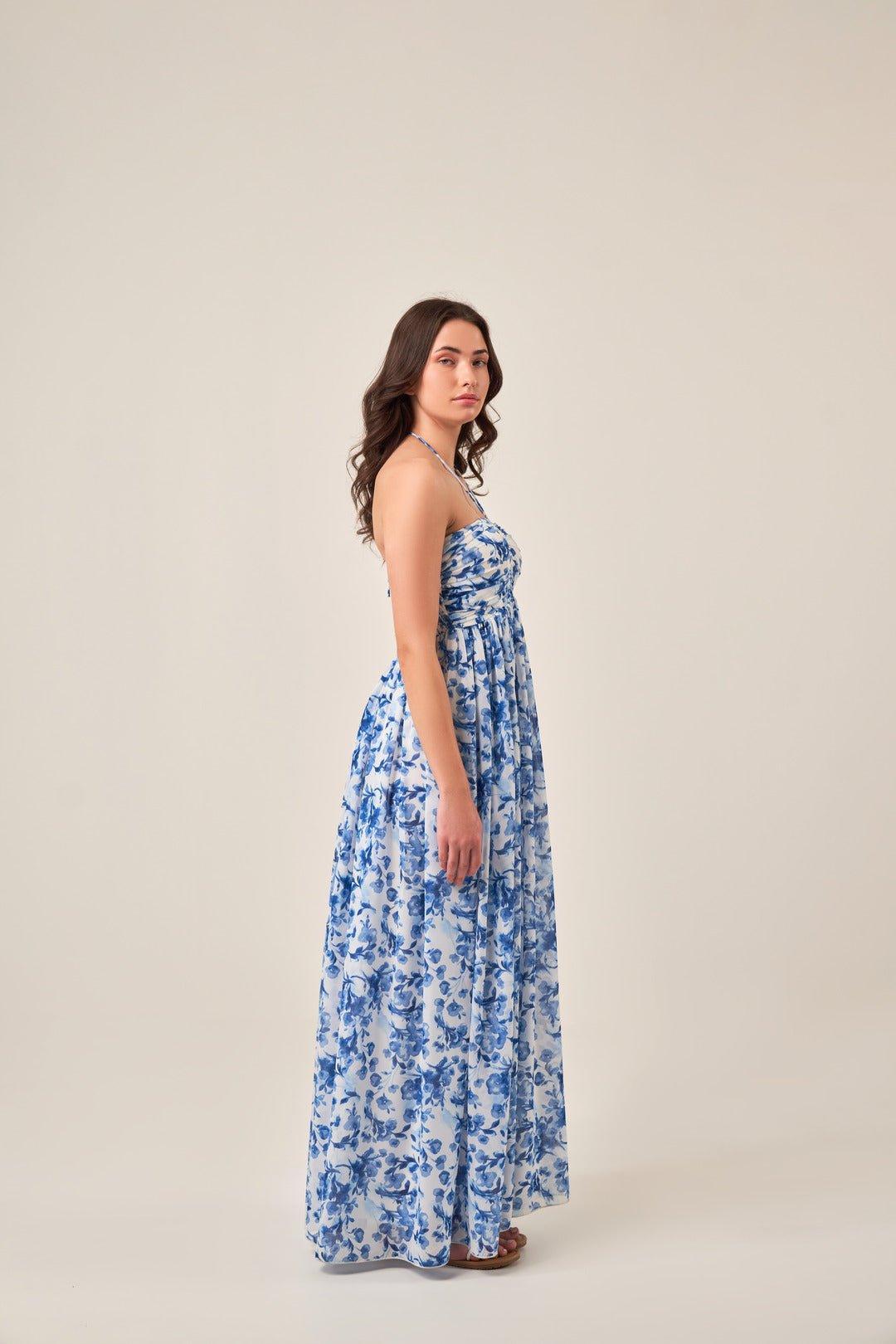 INDIGO FLORAL HALTER NECK MAXI DRESS - Sotbella