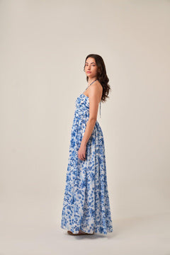 INDIGO FLORAL HALTER NECK MAXI DRESS - Sotbella