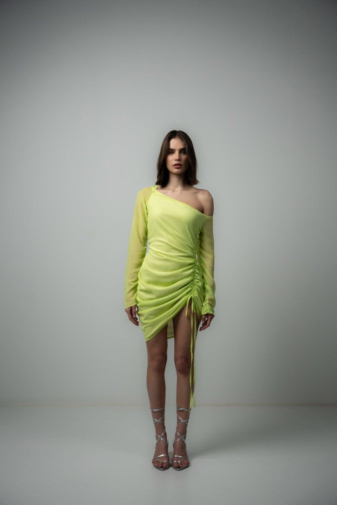 Neon Green Ruched Mini Dress - Sotbella