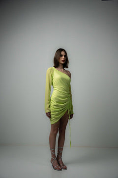 Neon Green Ruched Mini Dress - Sotbella