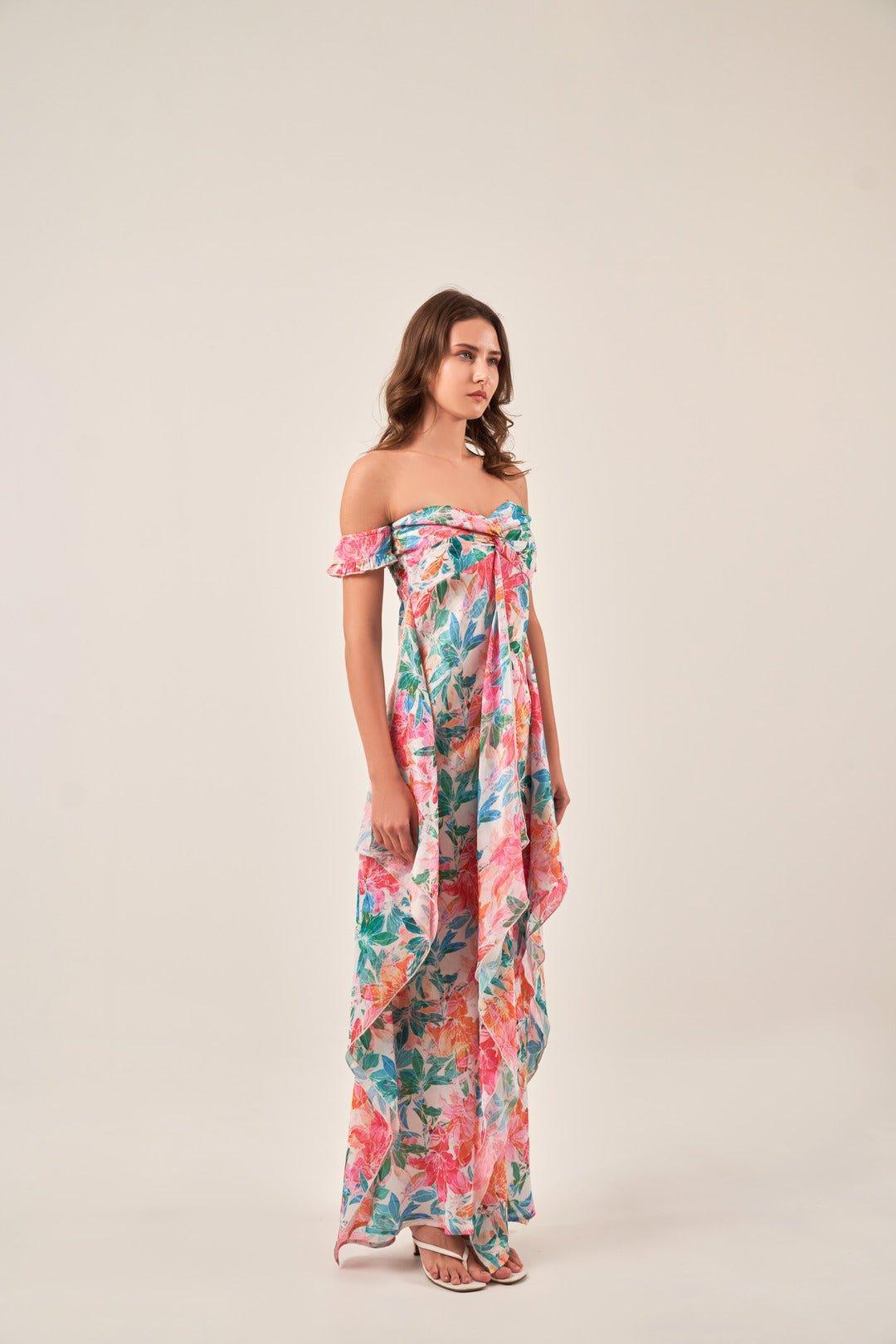 OFF-SHOULDER TROPICAL PRINT MAXI DRESS - Sotbella