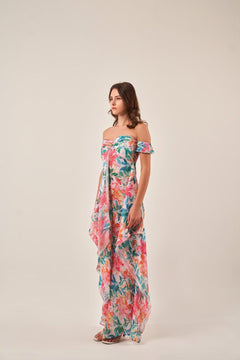 OFF-SHOULDER TROPICAL PRINT MAXI DRESS - Sotbella