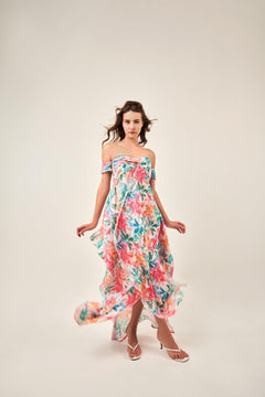 OFF-SHOULDER TROPICAL PRINT MAXI DRESS - Sotbella