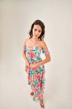 OFF-SHOULDER TROPICAL PRINT MAXI DRESS - Sotbella