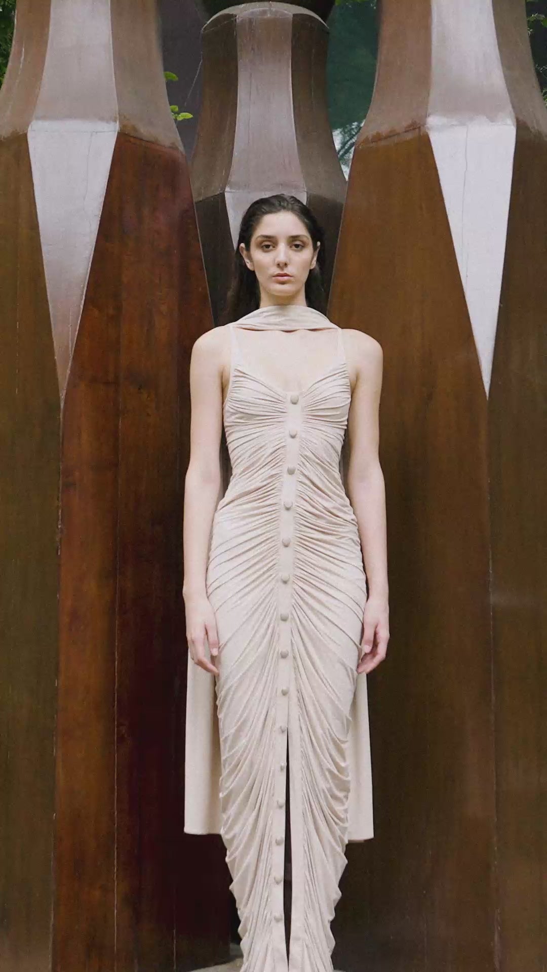 BEIGE RUCHED DRAPE GOWN WITH STOLE