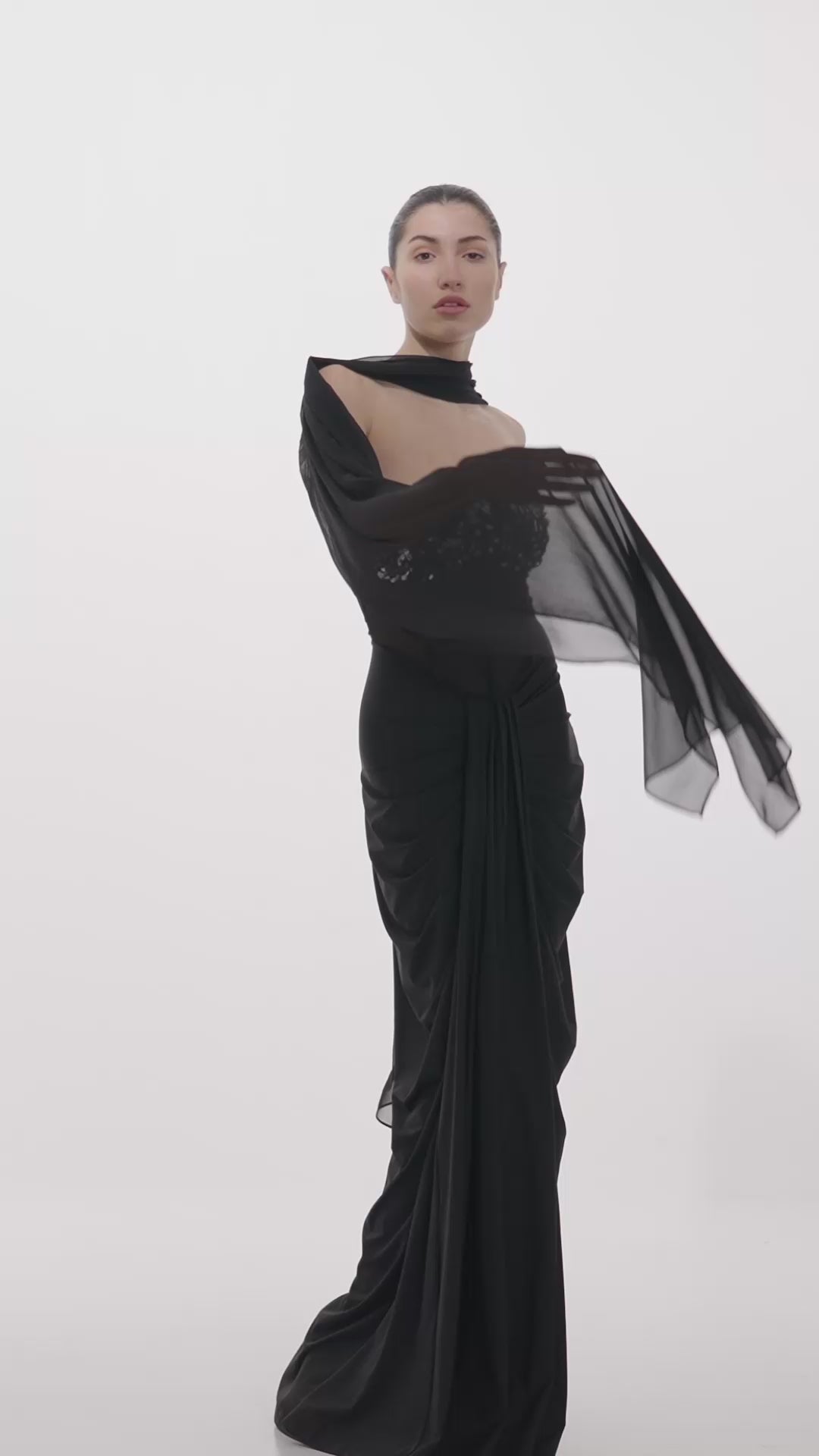 MIDNIGHT CORSETED DRAPE DRESS WITH NECK DRAPE