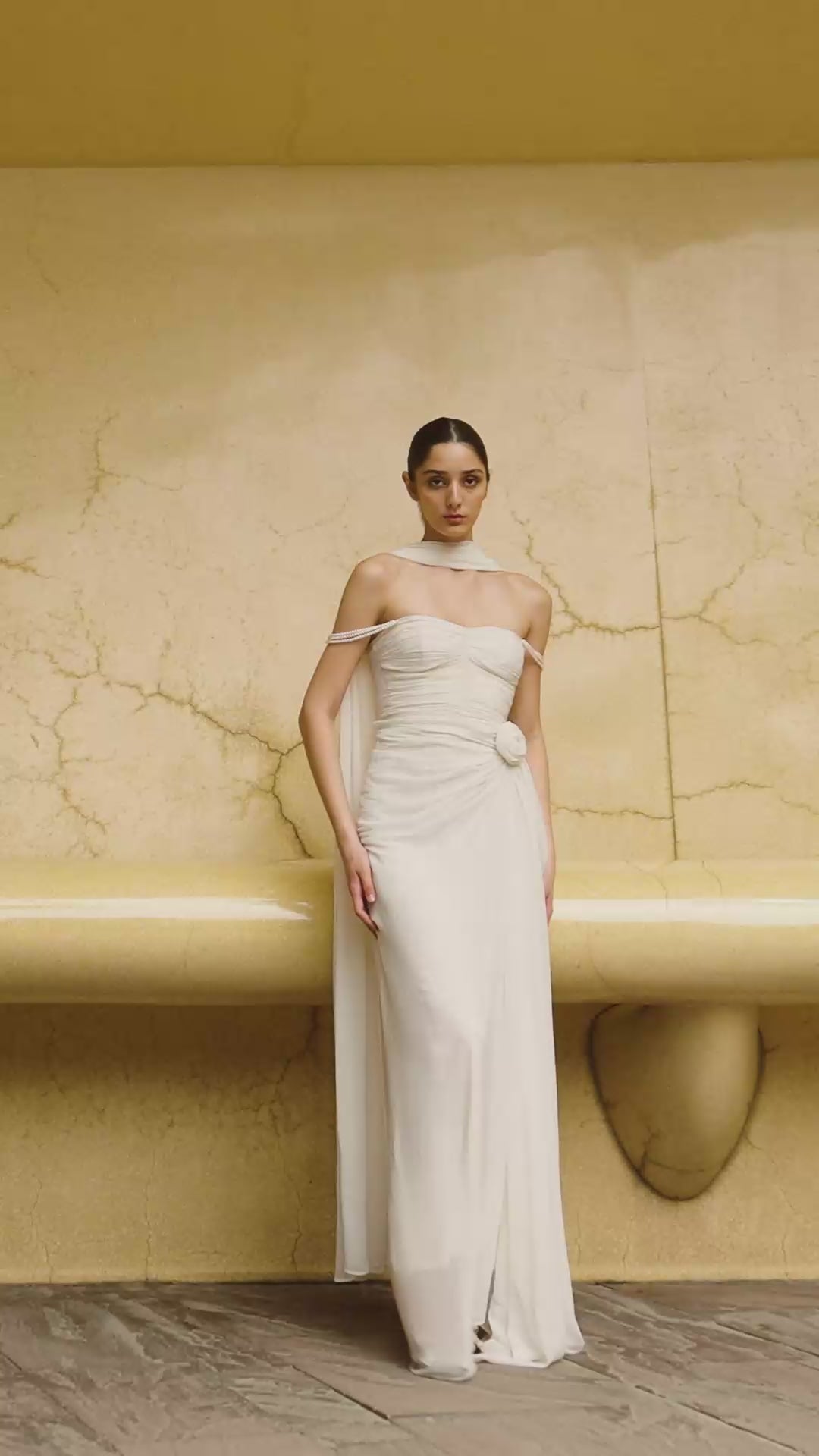 IVORY DRAPED GOWN WITH OFF-SHOULDER PEARL STRAPS
