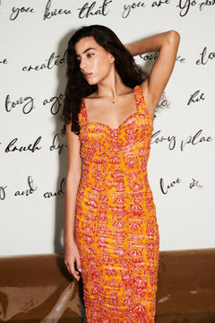 Printed Orange Ruched Bodycon Dress - Sotbella