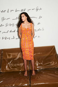 Printed Orange Ruched Bodycon Dress - Sotbella