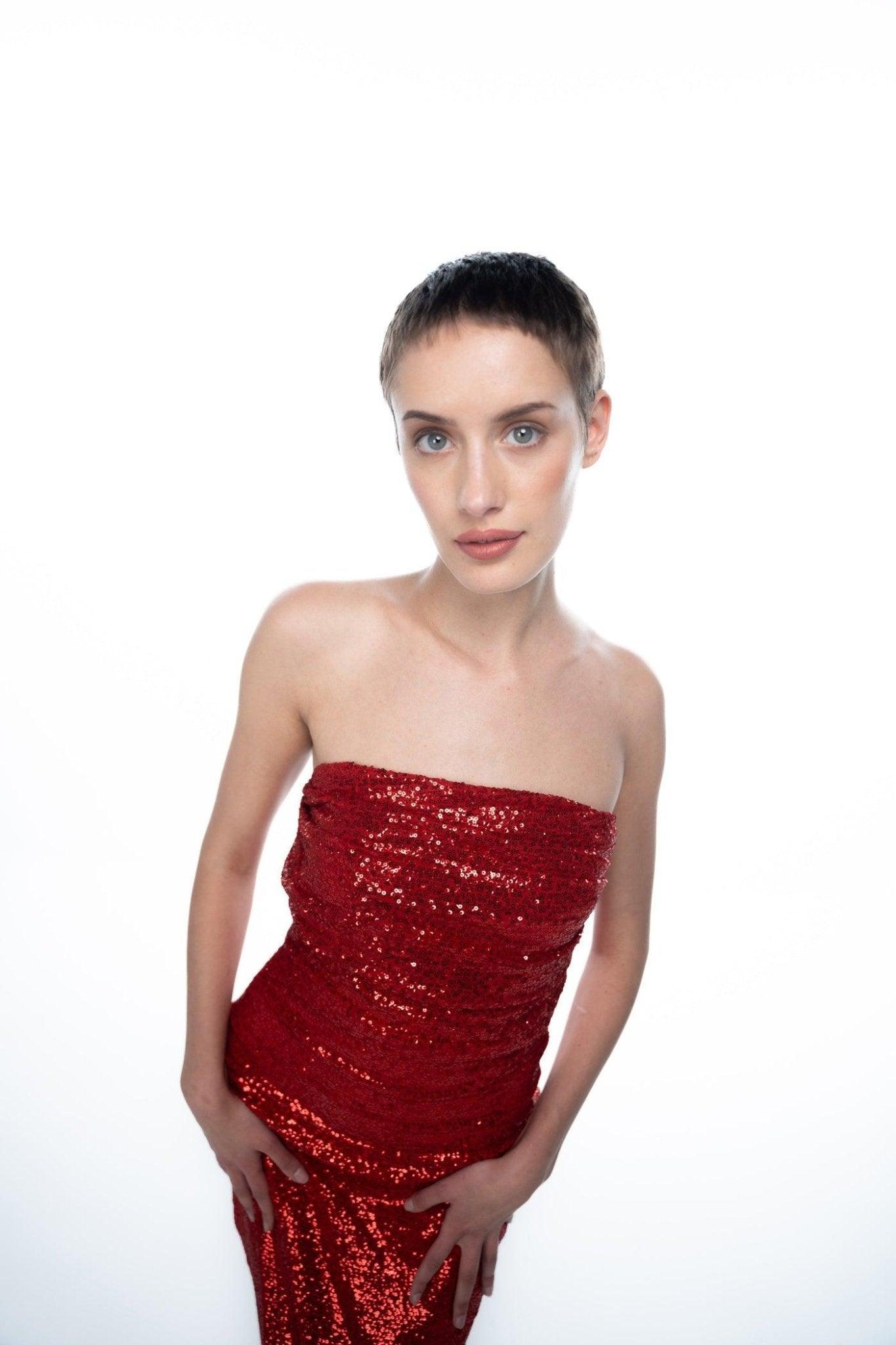RED SEQUIN STRAPLESS 
DRESS-Sotbella