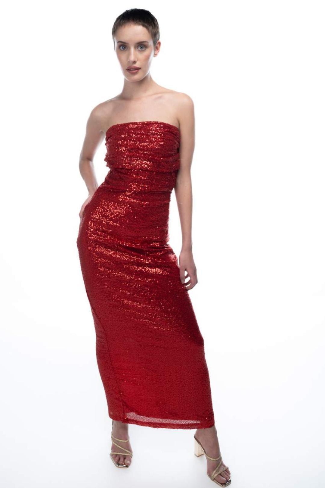 RED SEQUIN STRAPLESS DRESS - Sotbella