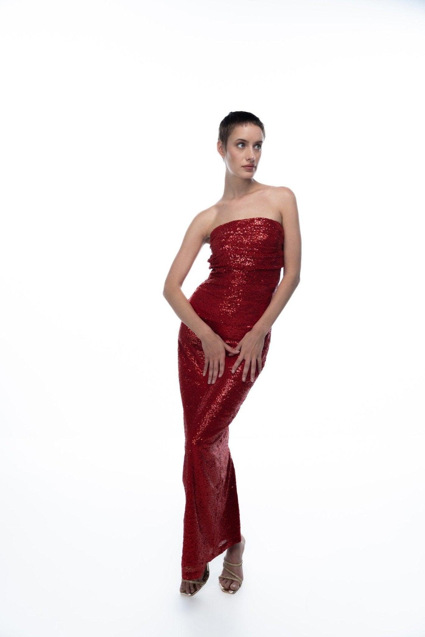 RED SEQUIN STRAPLESS 
DRESS-Sotbella