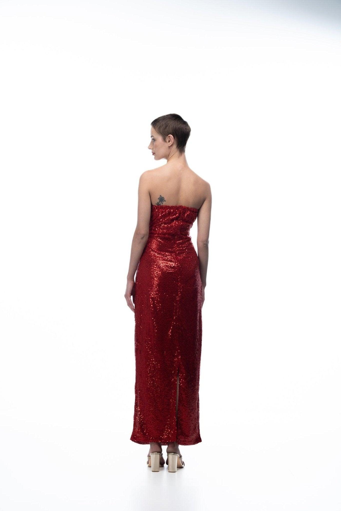 RED SEQUIN STRAPLESS 
DRESS-Sotbella