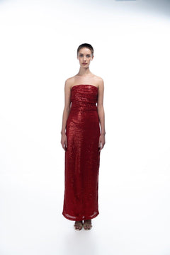 RED SEQUIN STRAPLESS 
DRESS-Sotbella