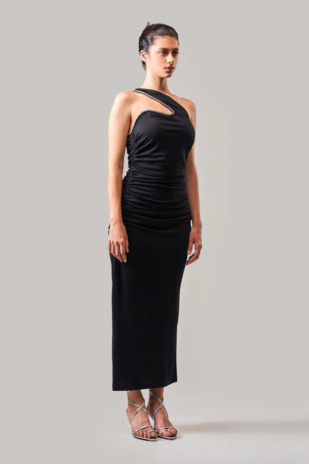RUCHED BLACK BODYCON CUTOUT DRESS