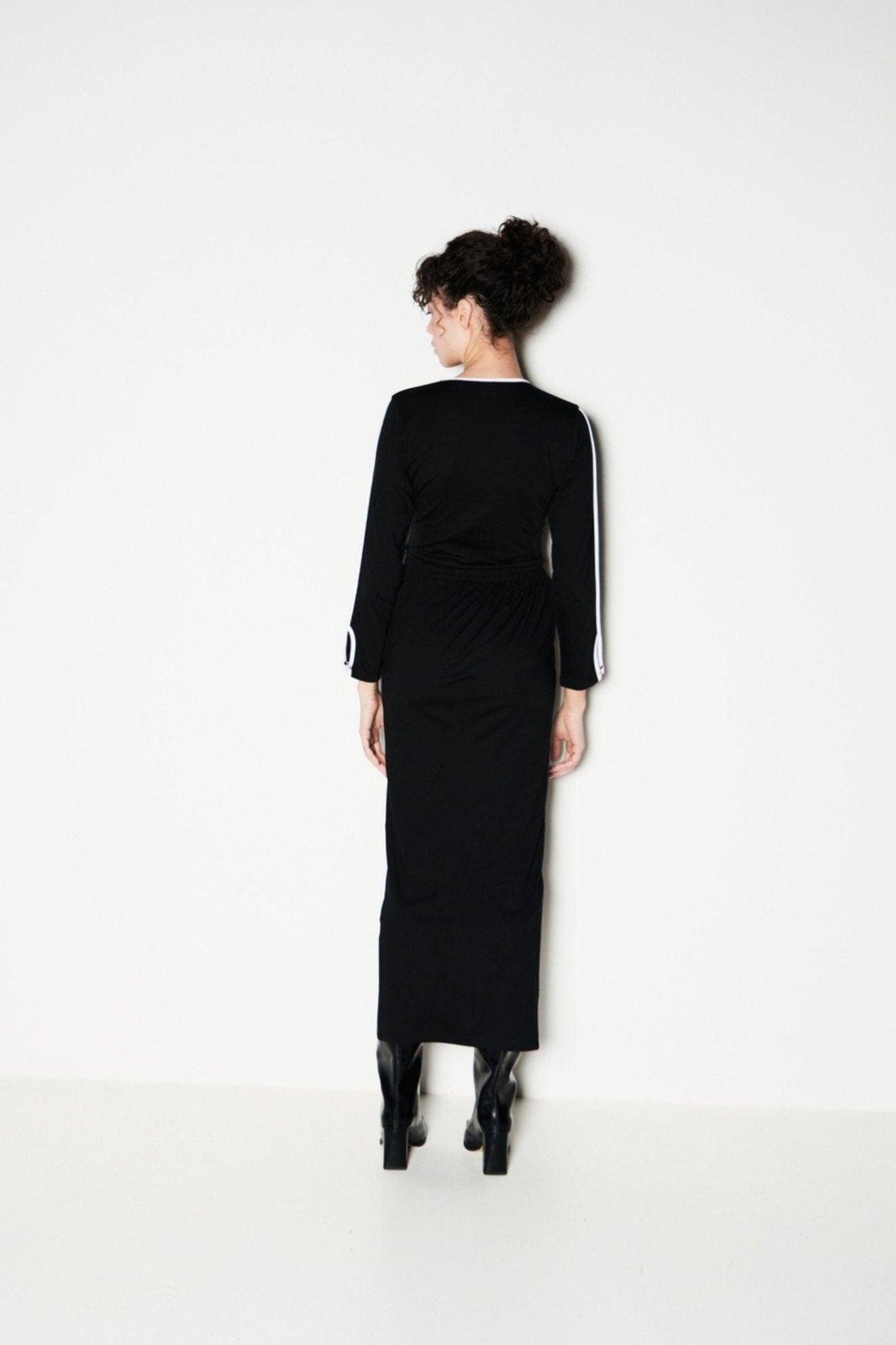 Set Of Black Full Sleeves Top With A Slit Skirt-Sotbella